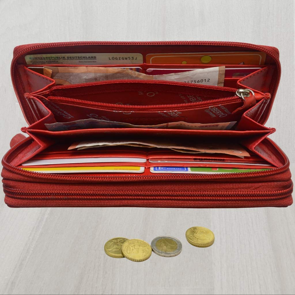 flevado XL wallet Large women's genuine leather wallet with plenty of storage space and room for 29 cards (light red)