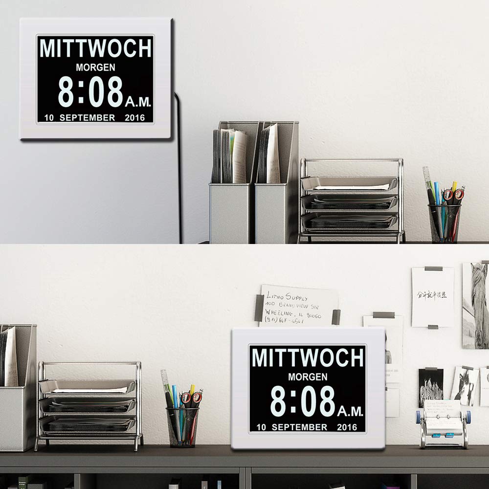 SINOIDEAS Digital Alarm Clock, Digital Calendar, Dementia Clock for Seniors with Customized Reminders (1-White, 8)