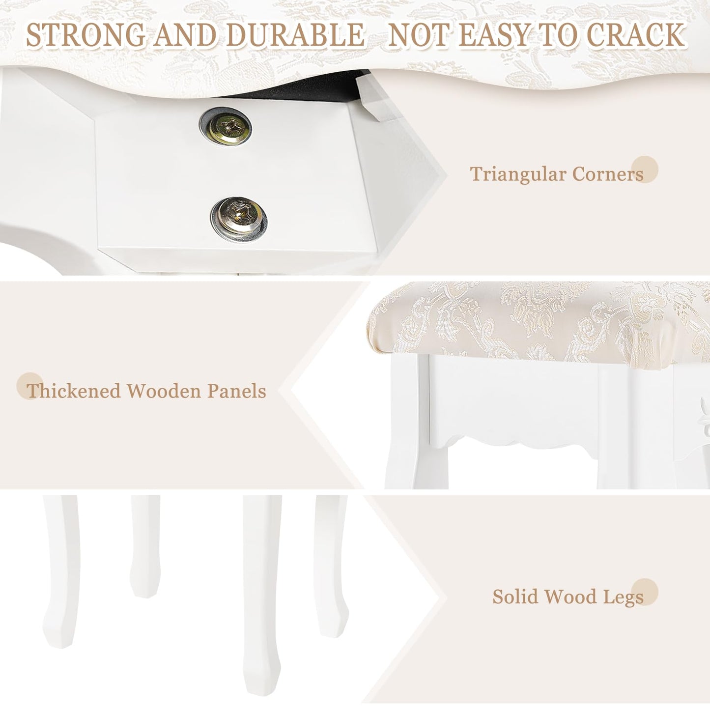 WOLTU Makeup Stool Vanity Stool, Country Style Ottoman, Baroque Padded Stool for Vanity Table, MDF Wood, White Lacquered, MB6011