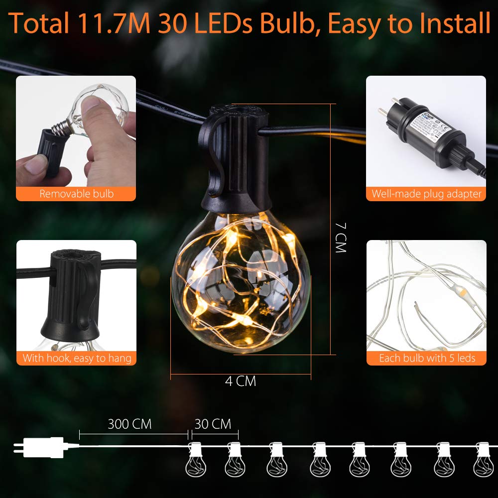 Quntis 38ft IP65 LED outdoor string lights, 30 G40 bulbs E12 warm white + 3 spare bulbs, 155 LEDs, waterproof for party garden balcony patio tent cafe décor.