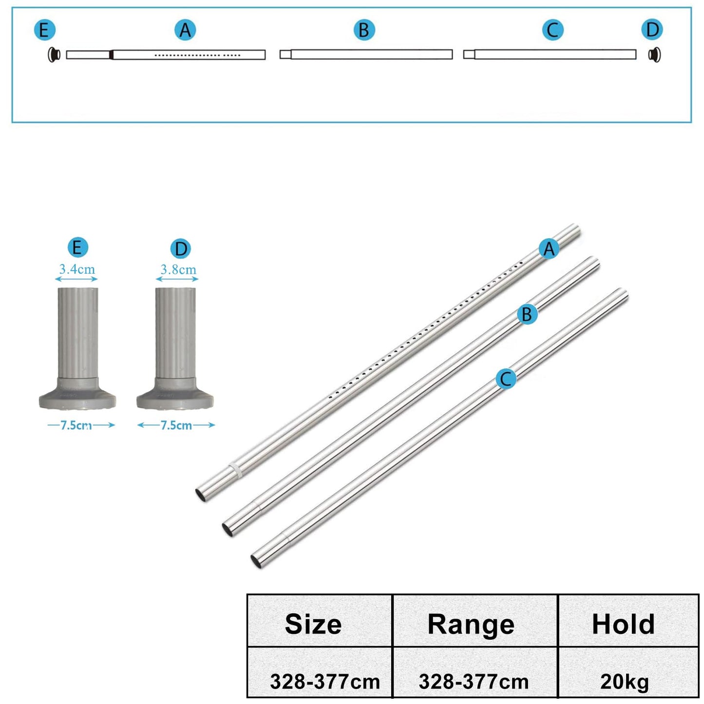 Telescopic rod without drilling, 328-377cm extendable stainless steel shower curtain rod for large windows/bathroom (Gray, 328-377cm)