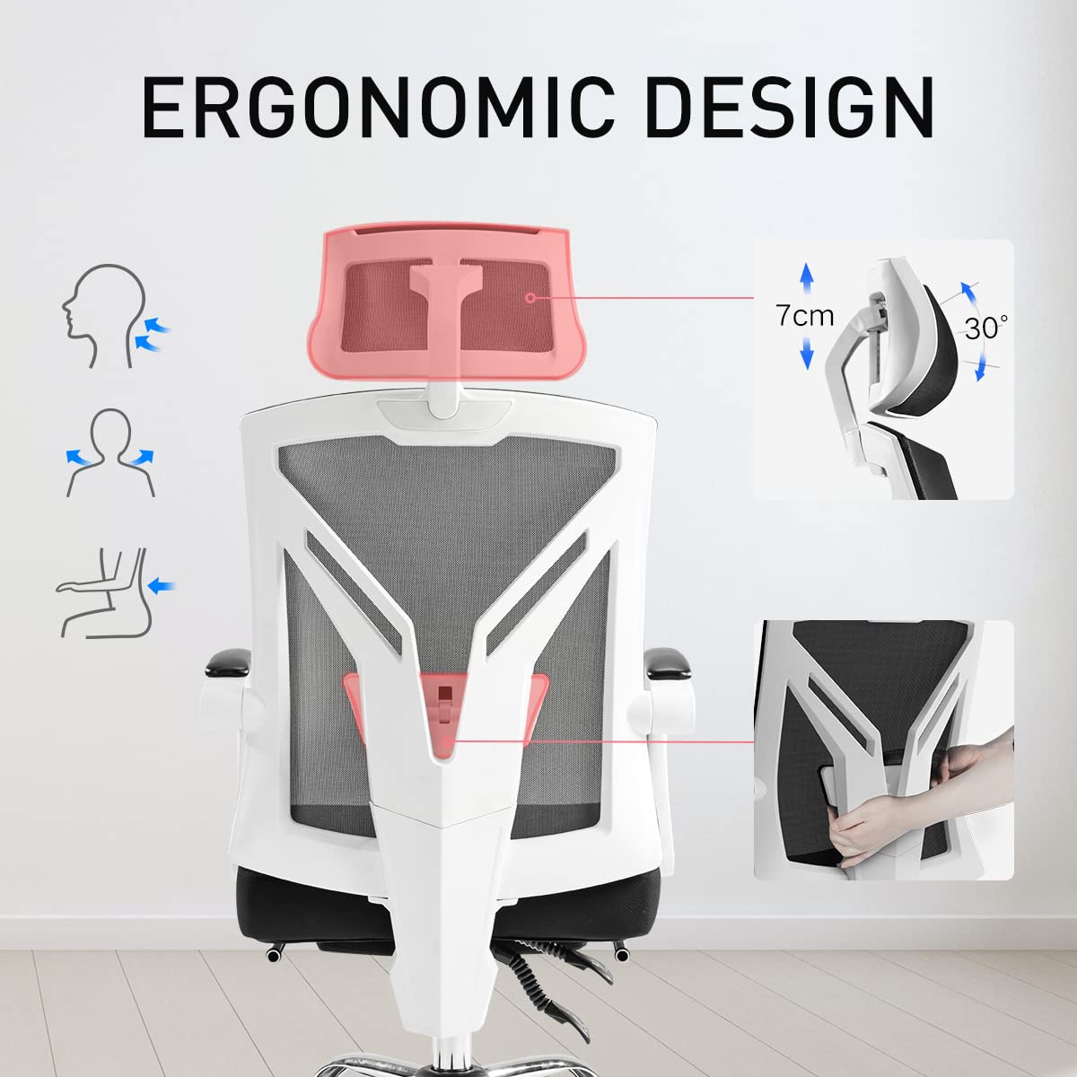Hbada office chair, ergonomic swivel chair with footrest, executive chair with high backrest, desk chair with adjustable headrest and armrests, white.
