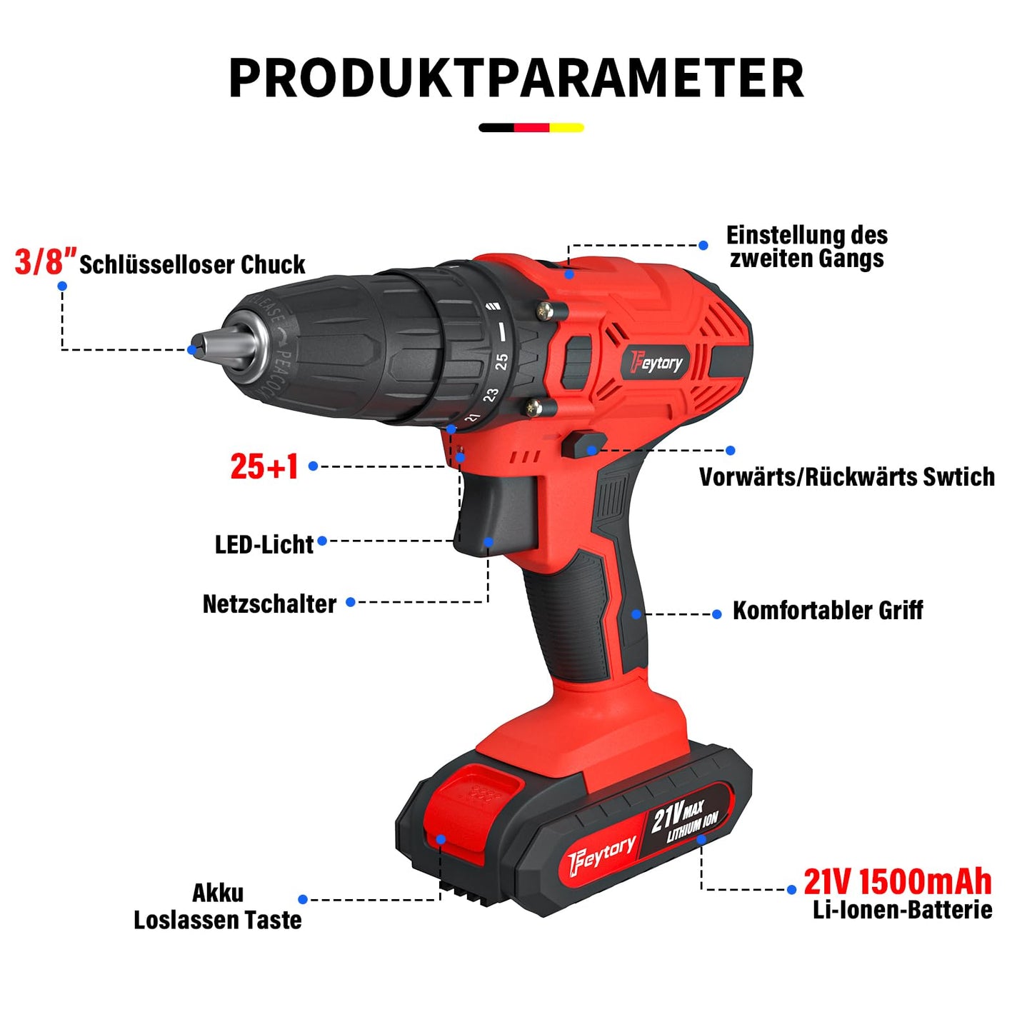 21V cordless drill with 1 battery 1500mAh, Red Mini cordless drill with hammer function, Battery drill driver 45Nm cordless drill 25+1 cordless screwdriver, 29pcs accessories and case