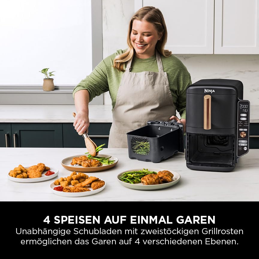 Ninja Double Stack XL Air Fryer, 2 vertical drawers, 4 cooking levels, space-saving design, 9.5L capacity, 6 functions, 8 portions, tongs, Black/Copper SL400EUCP