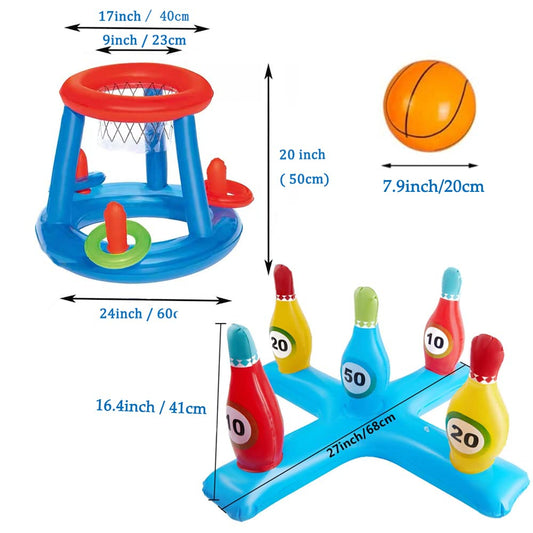 LAMOOER Inflatable Pool Basketball Toy, Bowling Cross Throw Set, Floating Swim Ring and Beach Ball Toss games, Summer Party, Fun Favors, Water Battle Game for Kids and adults.