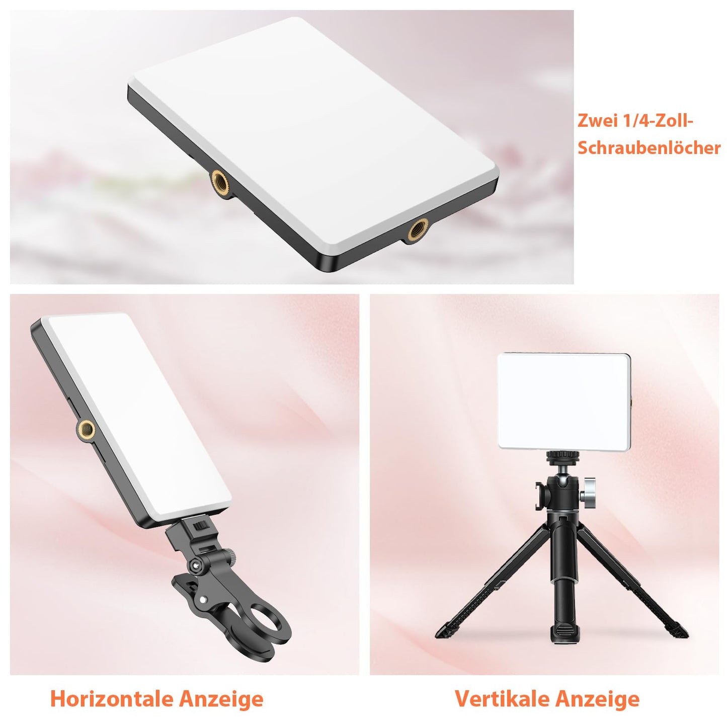 TONEOF Selfie Light, Monitor Lamp, USB Rechargeable Video Light with Clip & Two 1/4" Screw Holes, 2500K-9000K 3 Light Modes, Portable Photo Light for Phone/Laptop/Tablet-Black