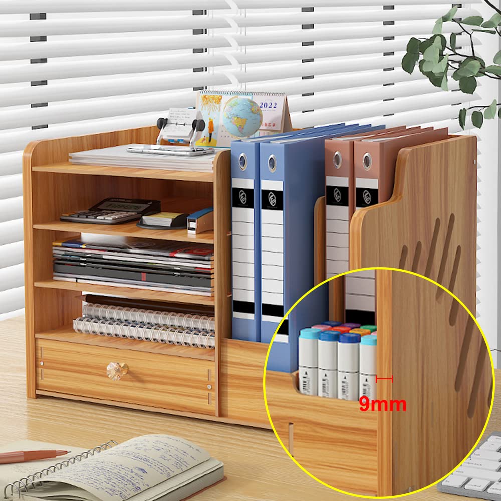NUODWELL Wooden Desk Organizer, large capacity, Desk File Organizer, office supplies, file shelf for A4 papers, pens, books, letters, and documents (JB07-3 Cherry Wood)