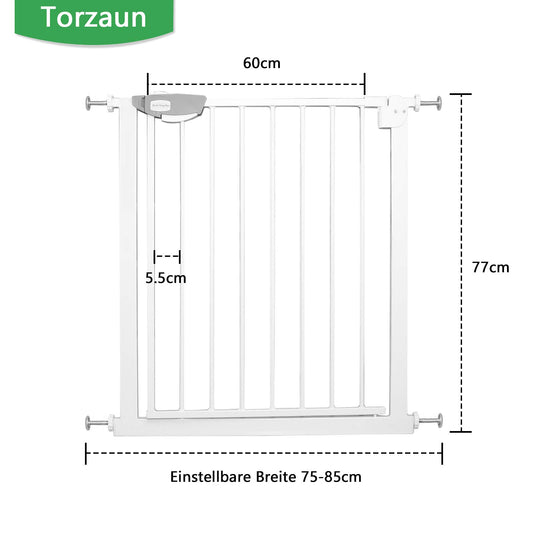 YARDIN door and stair safety gate without drilling, 75-85cm baby gate, childproofing stair gate for kids and dogs, auto-close, one-handed opening, White.