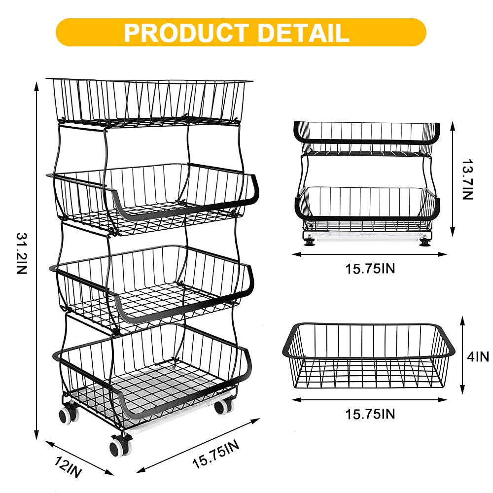 Miyawell fruit basket stand 4 tier fruit stand metal vegetable basket removable fruit holder kitchen storage basket with wheels suction cups, countertop decorative bowls 4 tiered fruit bowl