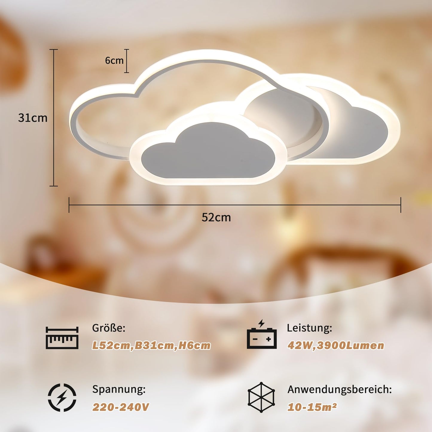 BLMYL LED Ceiling Light Kids Room 52CM Lamp, Ceiling Light Kids Room Dimmable Cloud Light with Remote Control 3000K-6000K, 42W Ceiling Light for Living Room, Bedroom