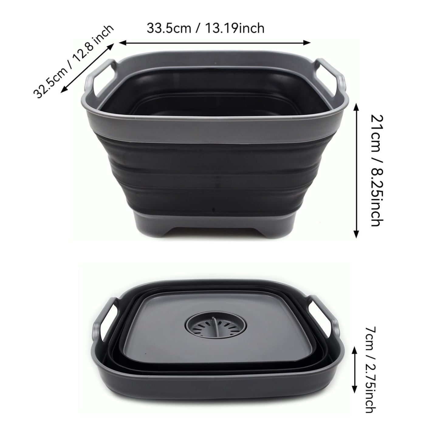 SAMMART TPE and Polypropylene, 10 liters collapsible wash basin with drain plug - Portable dishwashing tub - Space-saving kitchen storage compartment (Gray/Black, 1)