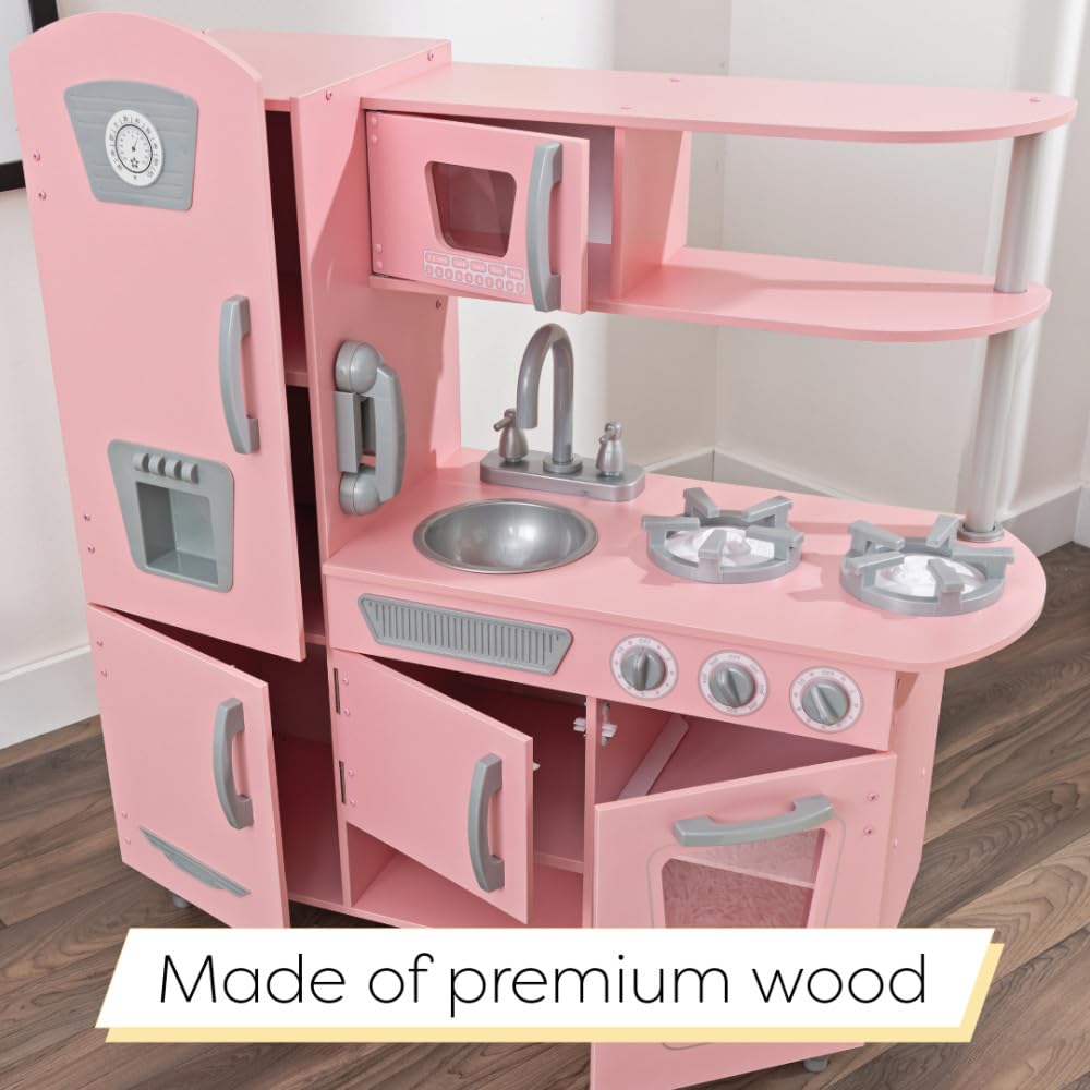 KidKraft Pink Vintage Wooden Play Kitchen with Kids Phone, Children's Kitchen with Retro Refrigerator, Toy for 3 years and older, 53179