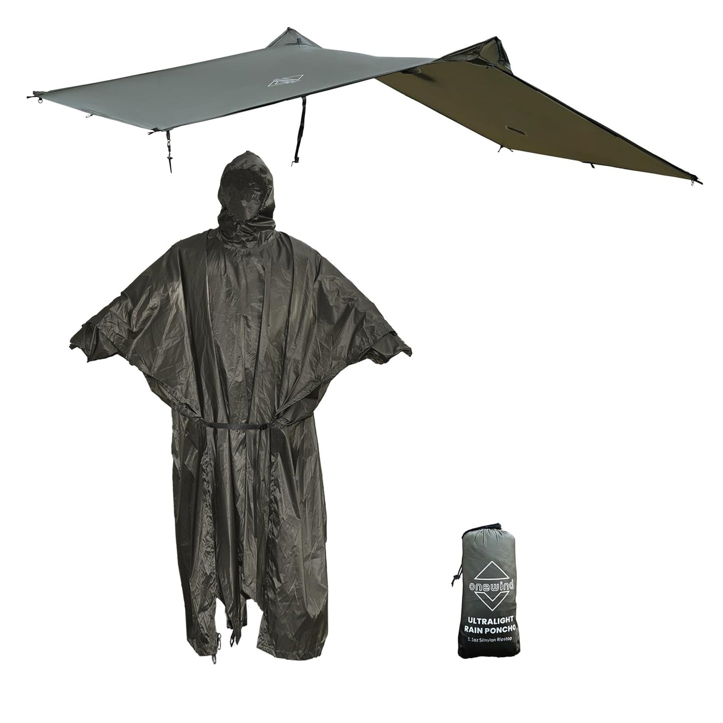 Onewind rain poncho for men and women, lightweight waterproof raincoat with hood and adjustable straps for camping, hiking, trekking, OD green.