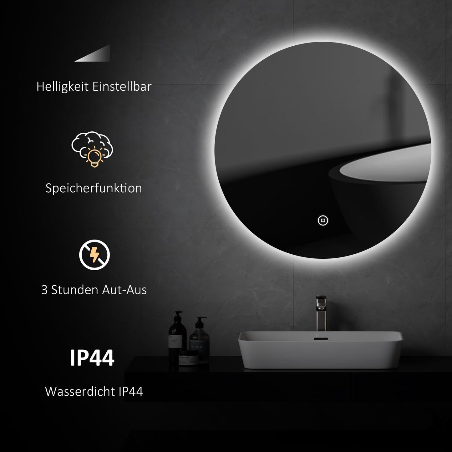 EMKE LED Bathroom Mirror with Lighting, 60cm diameter, dimmable cool white light 6500K, storage function, touch switch, energy-saving IP44 rated.