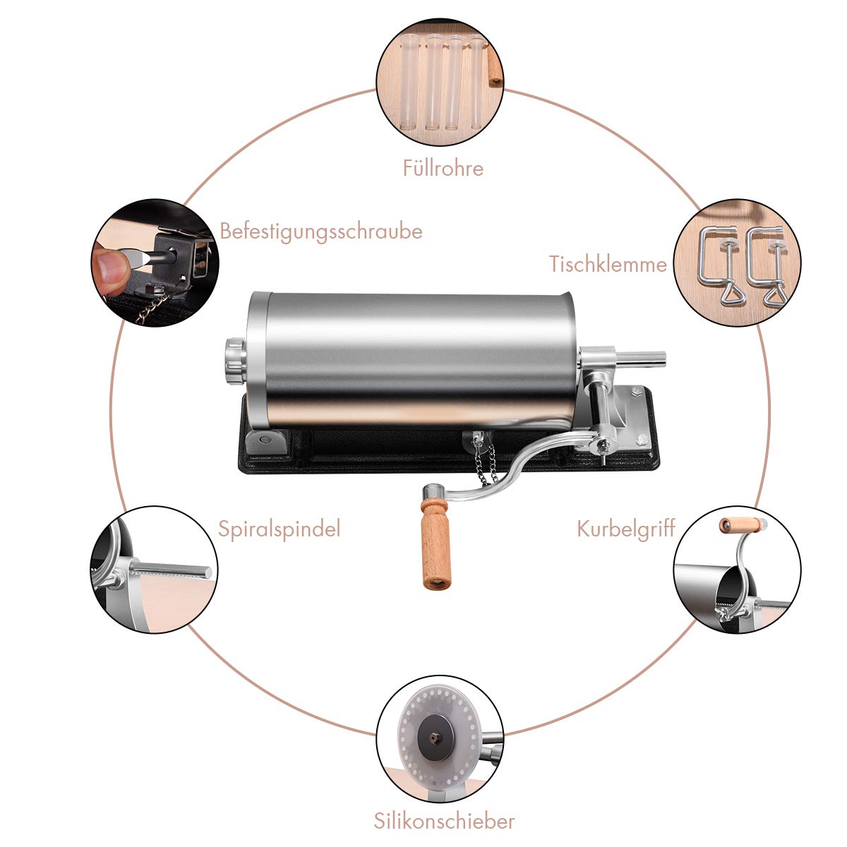 COSTWAY 2.5kg/3kg/4kg Manual Sausage Stuffer, Stainless Steel Sausage Maker, Includes 4 Filling Tubes, Sausage Press with Table Clamp, Silver Sausage Injector (3KG)