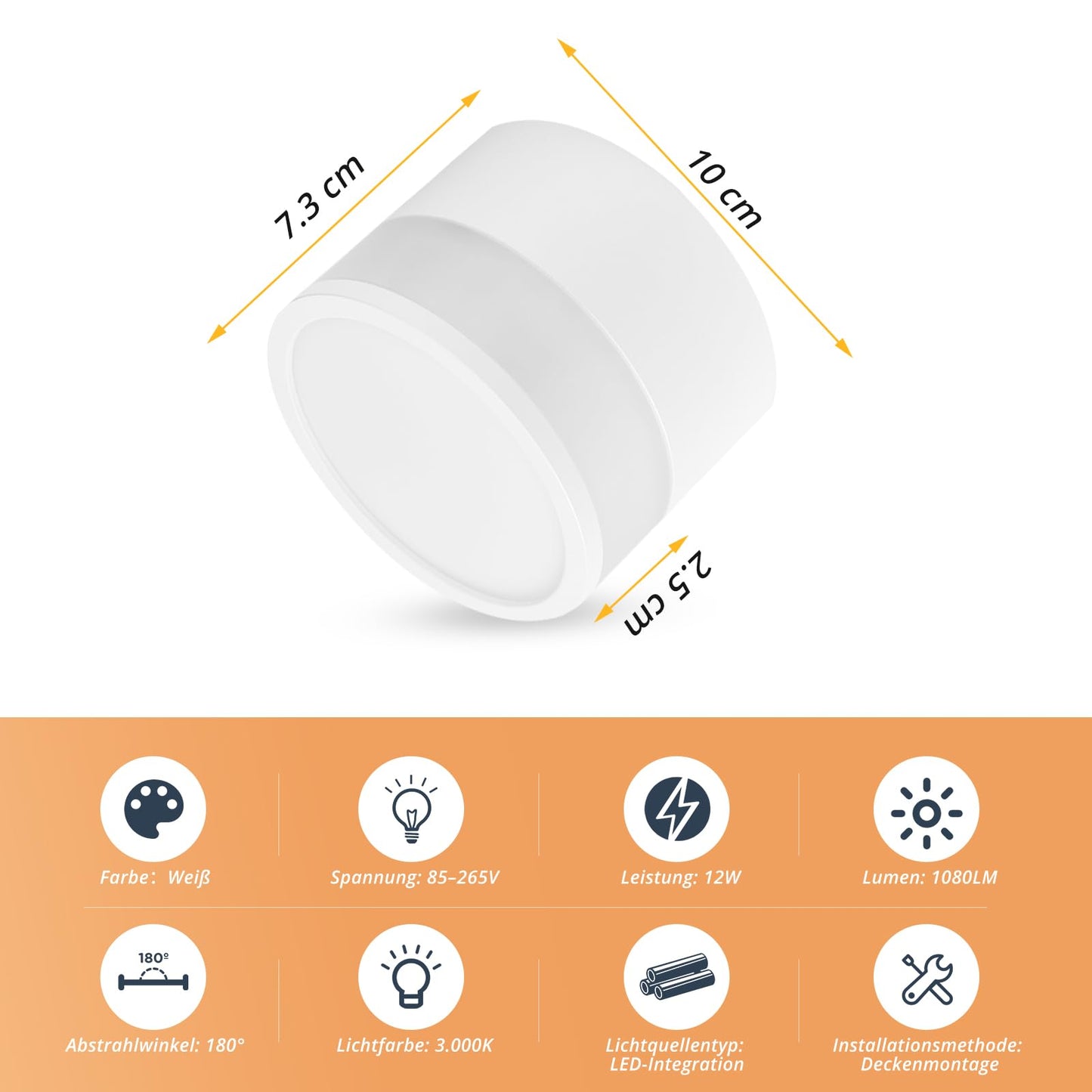 Temgin IP65 surface-mounted ceiling light in matte white, LED 12W 3000K warm white, aluminum ceiling spots, 230V Ø10cm mountable ceiling lamp for bathrooms.