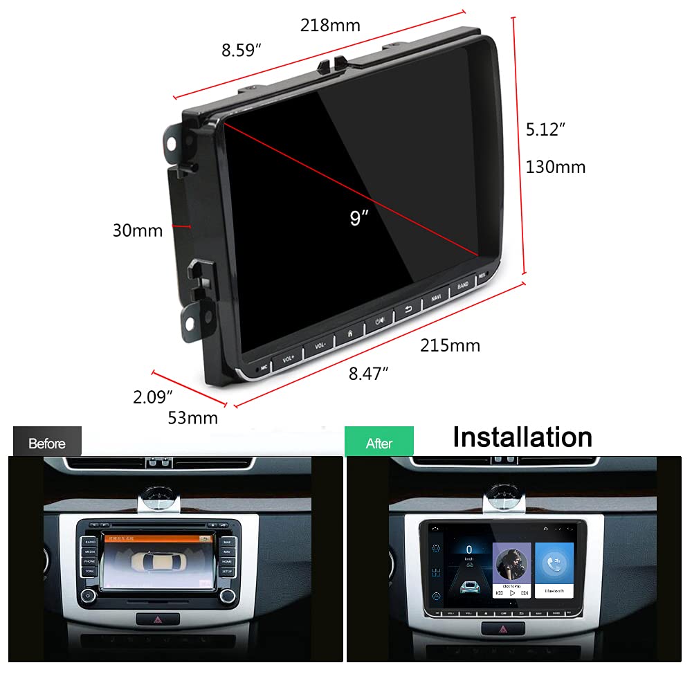 Podofo for VW Android car radio GPS 9-inch touchscreen Bluetooth car radio player for SEAT Passat Golf Skoda WiFi Mirror Link FM-RDS radio double USB + reverse camera.