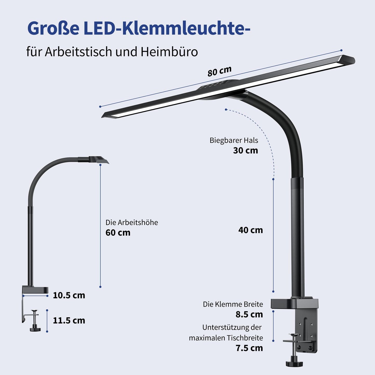 Kary LED desk lamp dimmable, 24W 80cm 1800 lumens super bright desk lamp for work, office, eye protection daylight lamp, touch control 5 color temperature & brightness levels, black