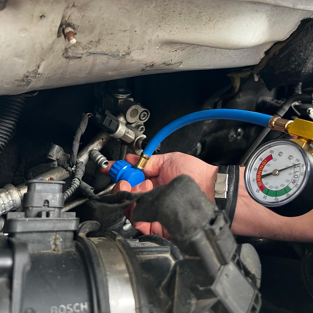 FIXFY 5in1 - Air conditioning self-refill kit for vehicles from 2017 | Replacement refrigerant R1234YF with oil, sealant, drying agent & UV dye, including hose with gauge & adapter