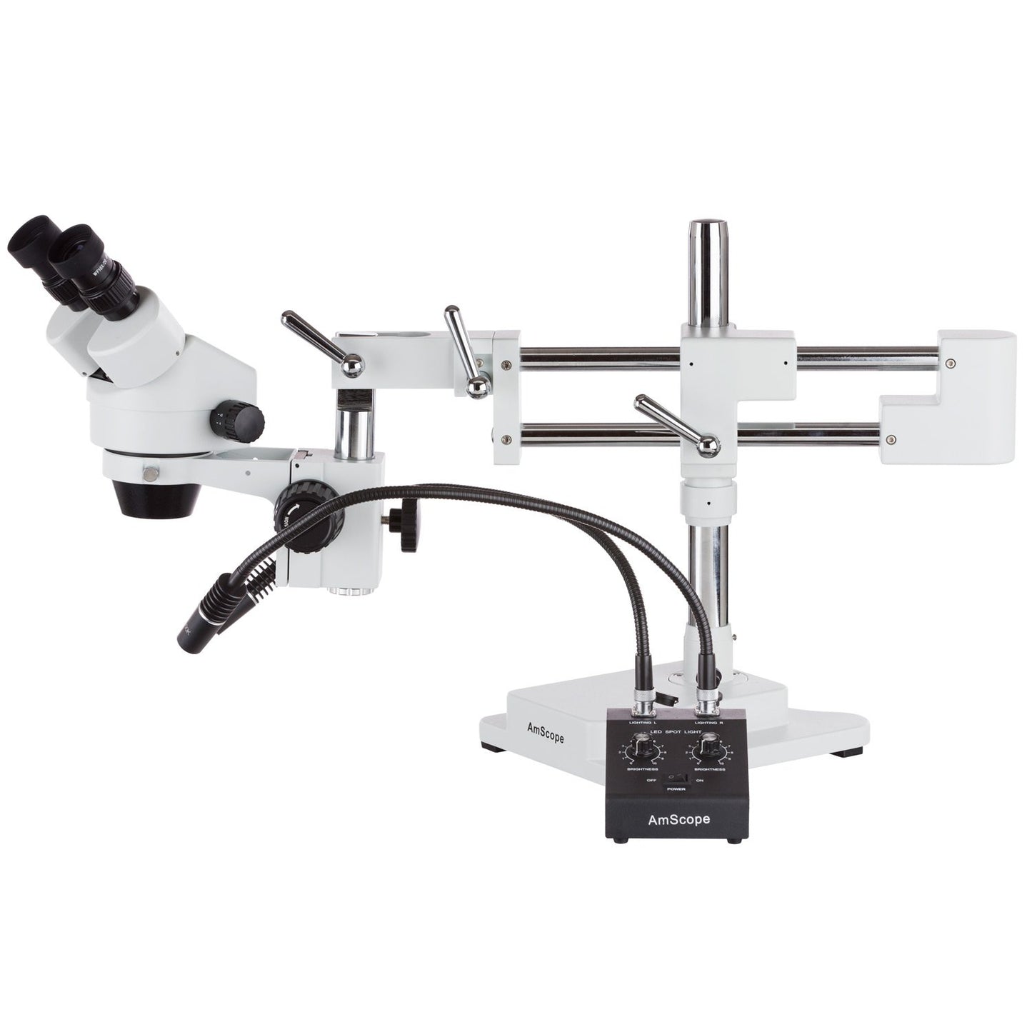 AmScope LED-11CR high-power LED dual-illuminator with gooseneck and ring light.