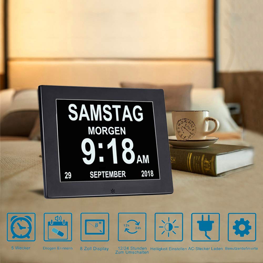 8 Inch Digital Alarm Clock, Digital Calendar Day Clock, Alarm Clock Multiple Modes with Reminder Function for Seniors, Dementia such as Alzheimer's Patients, Large Font Electronic Calendar Day Clock - Black
