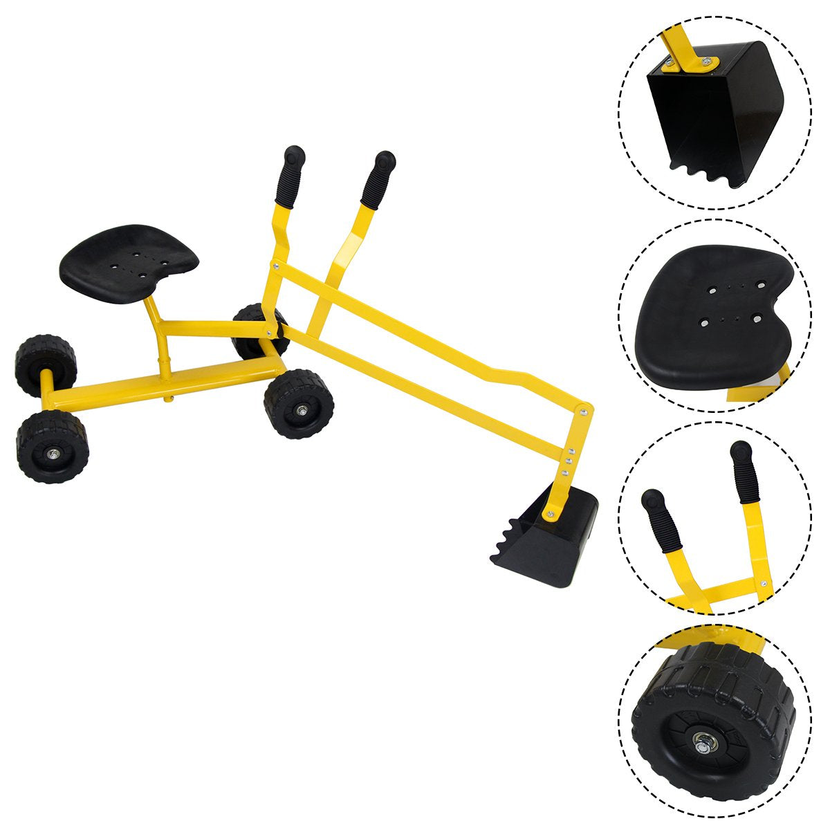 COSTWAY Sit-On Excavator 360° Rotatable, Metal Excavator with Shovel & Wheels, Sandbox Excavator, Ride-On Sand Digger for Kids 3+ Years (Yellow)