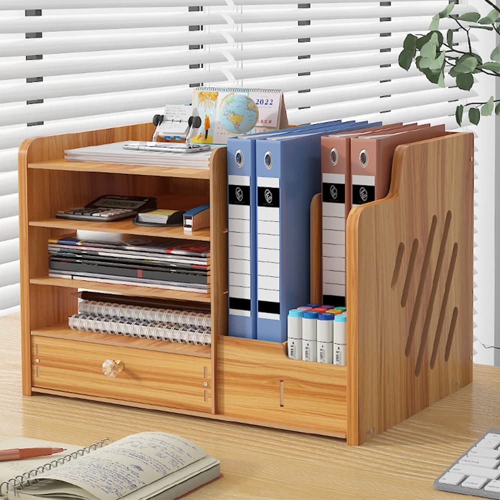 NUODWELL Wooden Desk Organizer, large capacity, Desk File Organizer, office supplies, file shelf for A4 papers, pens, books, letters, and documents (JB07-3 Cherry Wood)