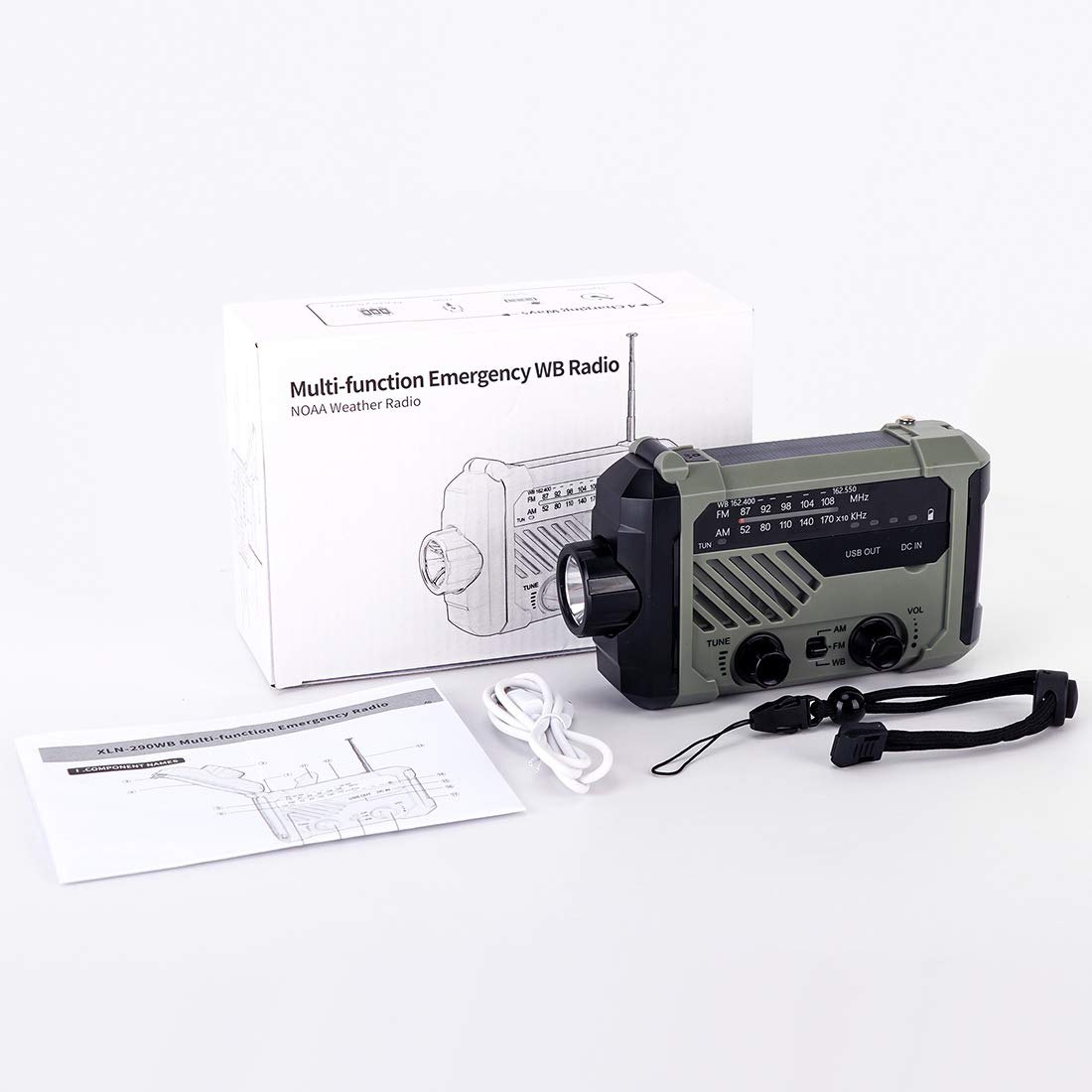 LAMA Solar Radio AM/FM crank radio emergency radio 2000mAh power bank USB rechargeable with hand crank dynamo LED lamp reading light SOS alarm for outdoor hiking camping survival travel emergency army green