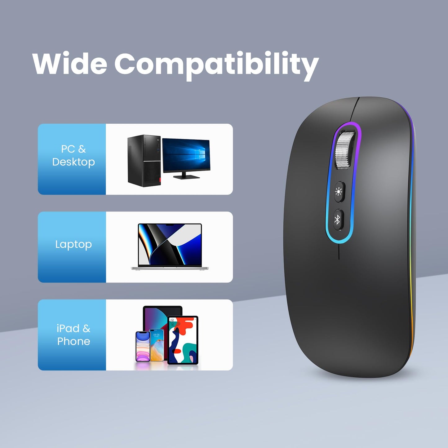 RaceGT Rechargeable Wireless Mouse Bluetooth 5.1 + USB 2.4GHz LED Mouse Wireless Ergonomic Quiet Click 3 Adjustable DPI Level with On/Off Switch, Portable Mouse for Laptop PC Notebook Computer