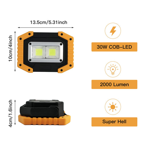 Tekstap LED work light with battery, portable work lamp, COB 30W 1500LM LED camping lantern USB for garage camping fishing emergency construction sites, 3 light modes (1 piece)