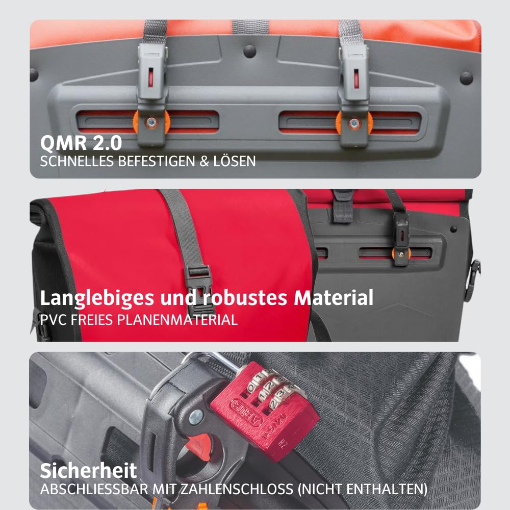 VAUDE bike bags for luggage rack Aqua Back 2x24L in Indian red, 2 x rear bags waterproof, bicycle rear rack bag, easy attachment - Made in Germany.