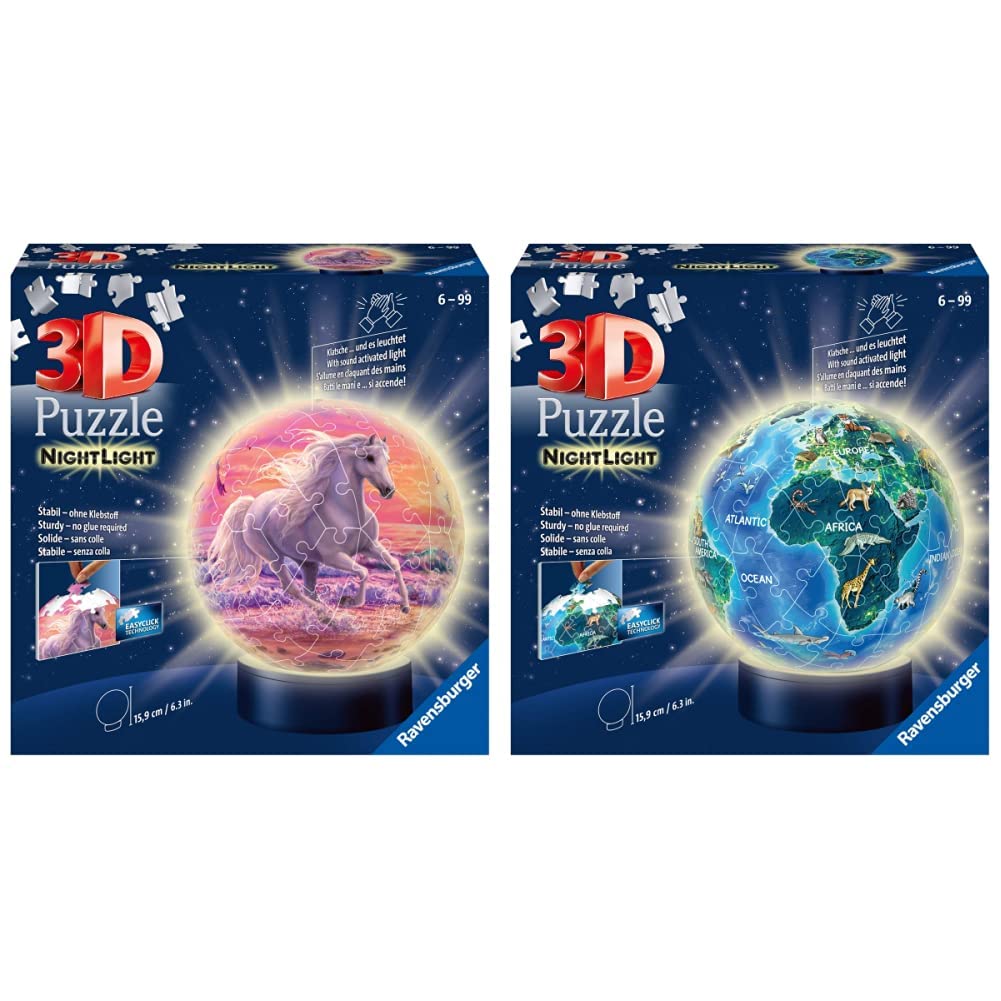 Ravensburger 3D Puzzle 11843 - Nightlight Puzzle-Ball Horses on the Beach - 72 pieces - for ages 6 & 3D Puzzle 11844 - Nightlight Earth at Night - 72 pieces - Puzzle-Ball Globe for ages 6