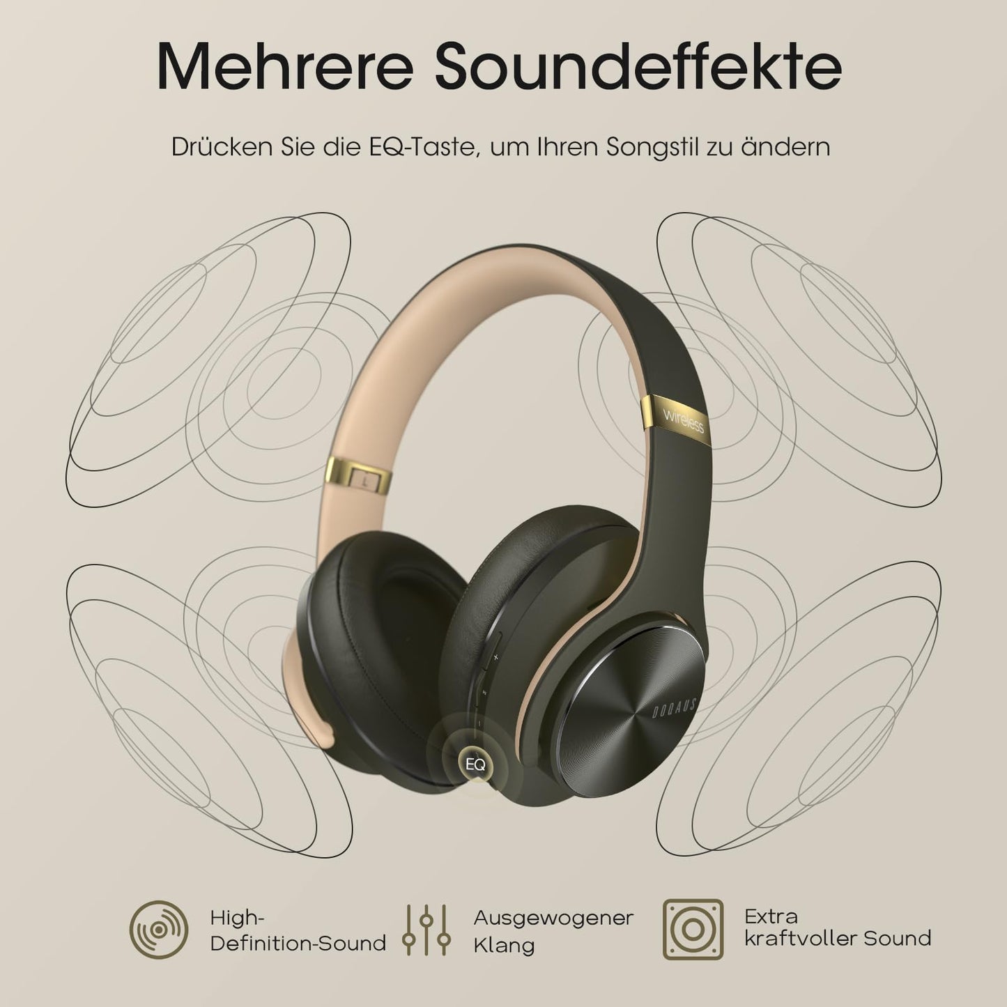 DOQAUS Bluetooth Over Ear Headphones, Up to 90 Hrs Wireless Headphones with 3 EQ Modes, HiFi Stereo Foldable Headset with Mic, soft Earpads for Travel/Office/Phone/PC/Laptops-Green