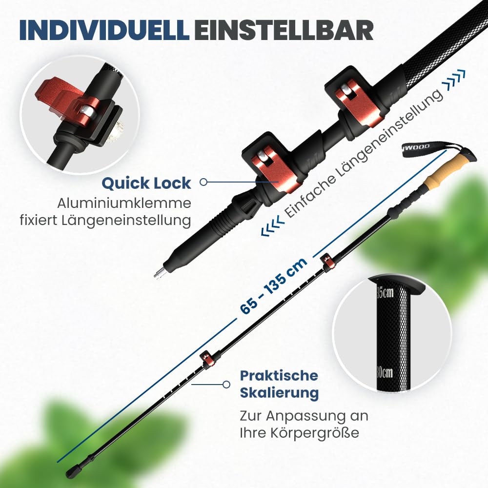 Steinwood Premium Carbon Trekking Poles - Telescopic Hiking Poles for Men and Women - Ultralight Carbon Walking Stick with Cork Grip and Rubber Tips Set