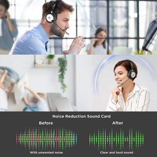 Bluetooth headset, wireless headset with microphone for PC, V5.2 computer headset with noise-canceling microphone, USB dongle, charging station, and mute button for work, mobile phones, computer.