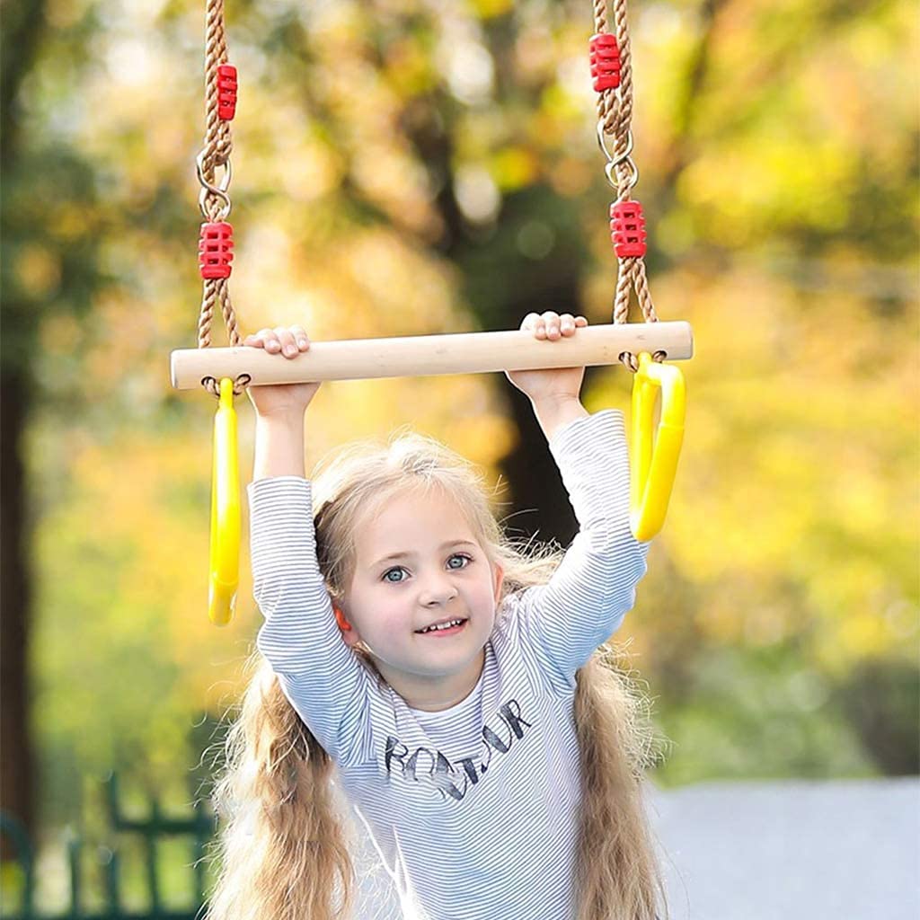Morwealth Multifunctional Kids Wooden Trapeze Swing with Plastic Rings Gymnastic Rings for Hanging Supports up to 120KG for Indoor and Outdoor Use (Yellow)