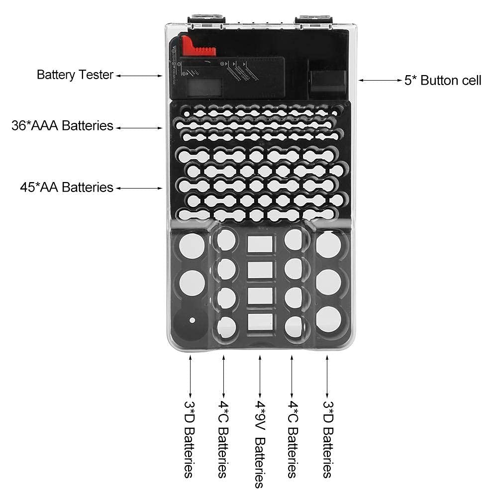 1 PC Battery Storage 104 Grids Battery Storage Box Battery Organizer Battery Box with Battery Tester with precise detection of AA, AAA, C, D, and 9V battery measurements.