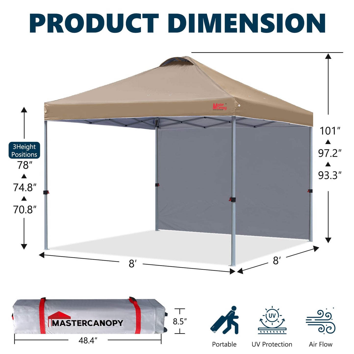 MASTERCANOPY 2.5 x 2.5m Pop-up Canopy Folding Tent with Vent & 1 Sidewall for Market, Garden, Events, Khaki