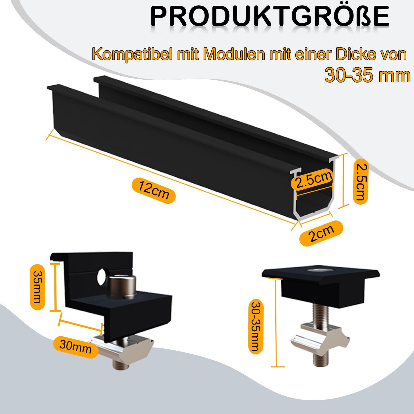 Sorlpv Solar Module Mounting for 1X Modules, PV Mounting Installation Kit - 12CM Black Rail + Adjustable Clamp for 30-35MM Thick Modules, Alu Solar Panel Mounting Flat Roof Trapezoidal Sheet Metal Roof