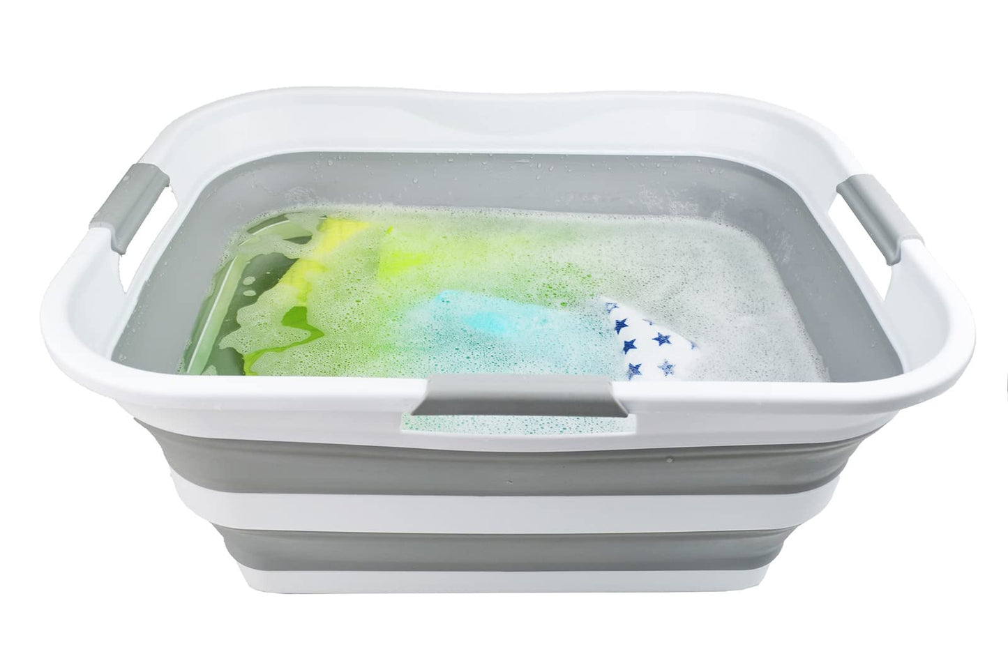 SAMMART 42L collapsible plastic laundry basket - foldable pop-up storage container/organizer - portable washing tub - space-saving basket/bin (White/Grey)