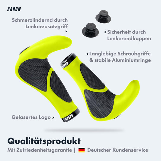 AARON Horn - grip handles with gel damping - ergonomic handlebars made of non-slip rubber - bike grips for e-bike, trekking bike, mountain bike, touring bike in yellow.
