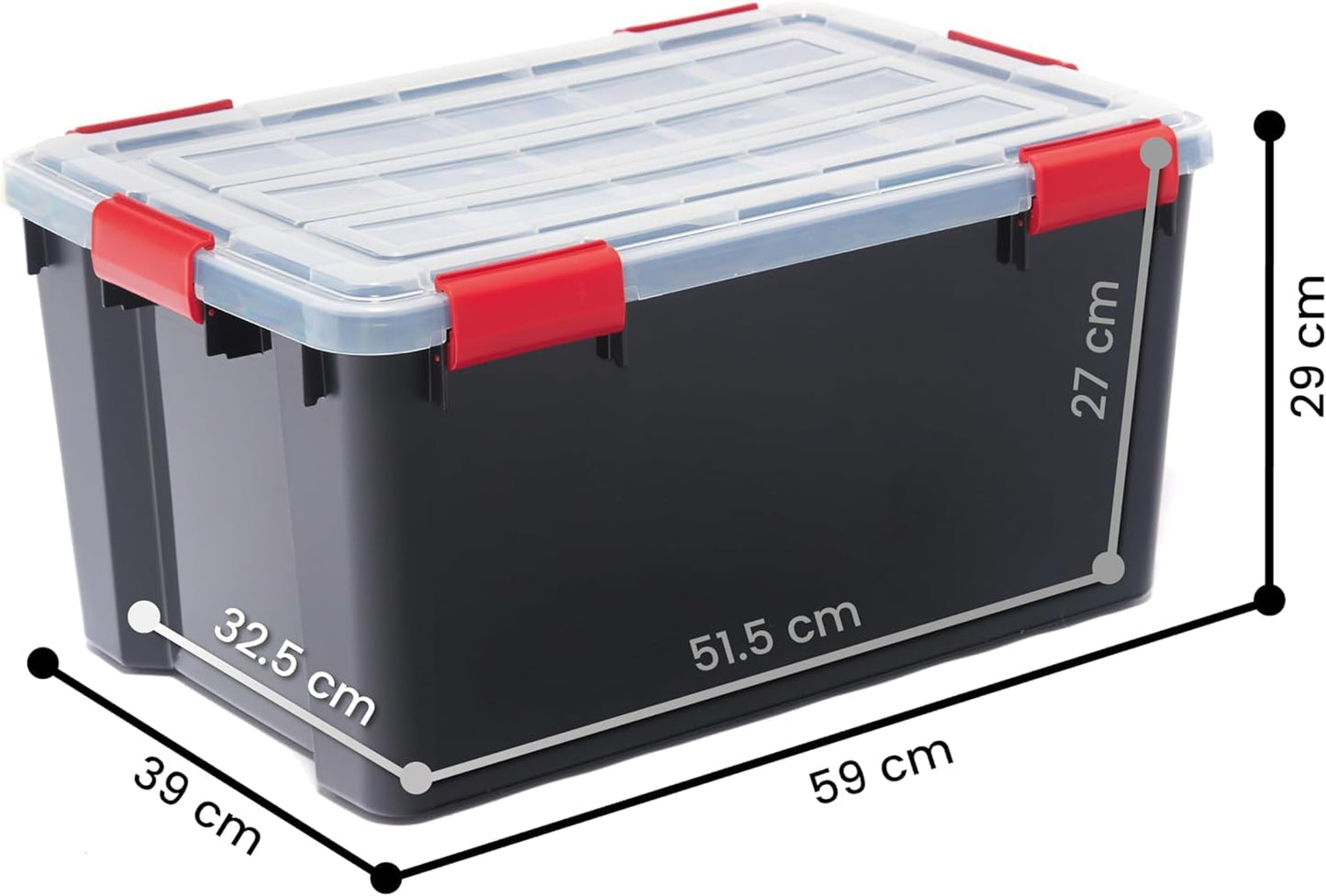 Iris Ohyama airtight plastic storage boxes with lids, 50L, set of 4, black, hermetic watertight seal, sturdy snap closures, stackable, dust protection, BPA-free, DDAT-L