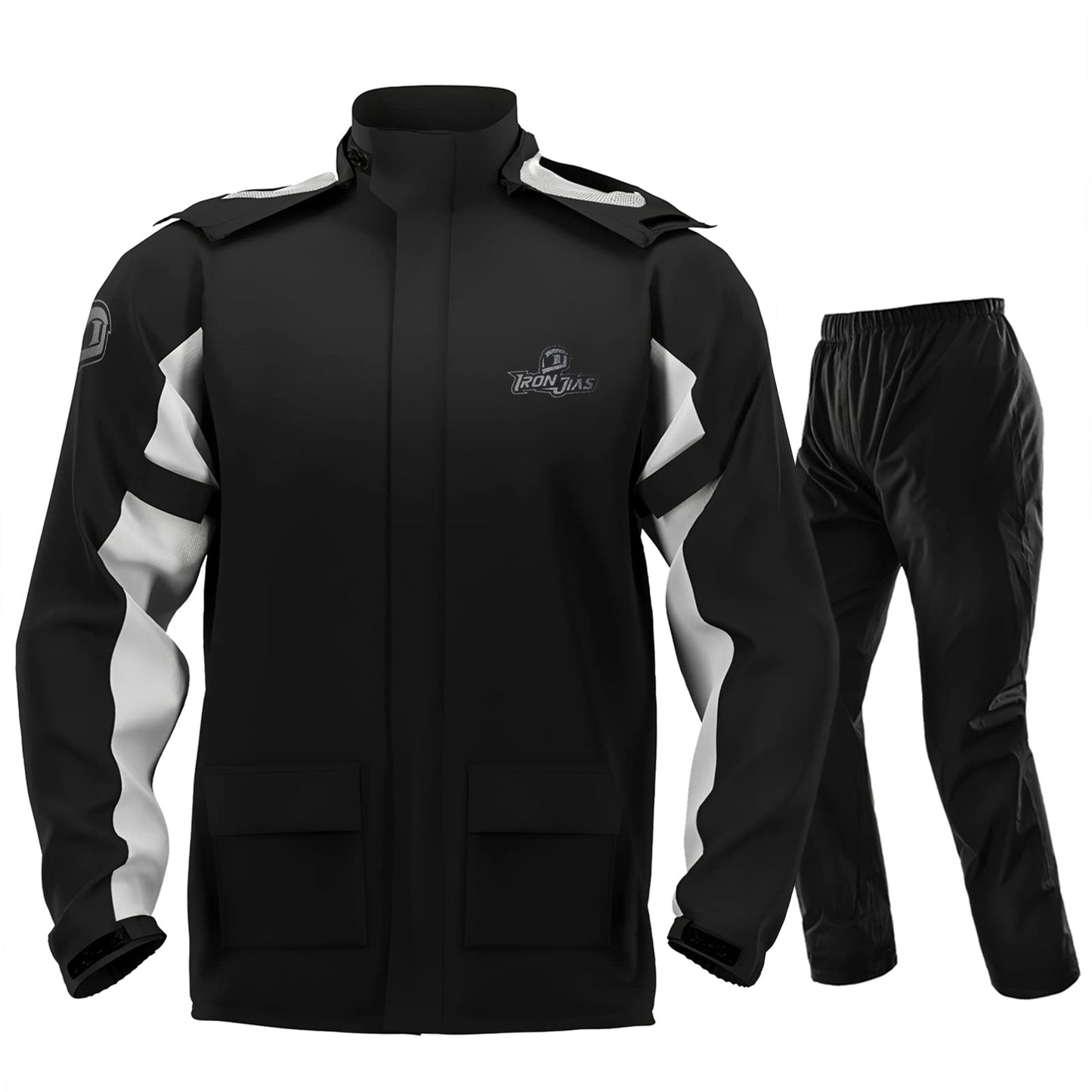 IRON JIA's men's motorcycle rain suit waterproof windproof breathable reflective with hood with zipper high-quality outdoor raincoat-black-L