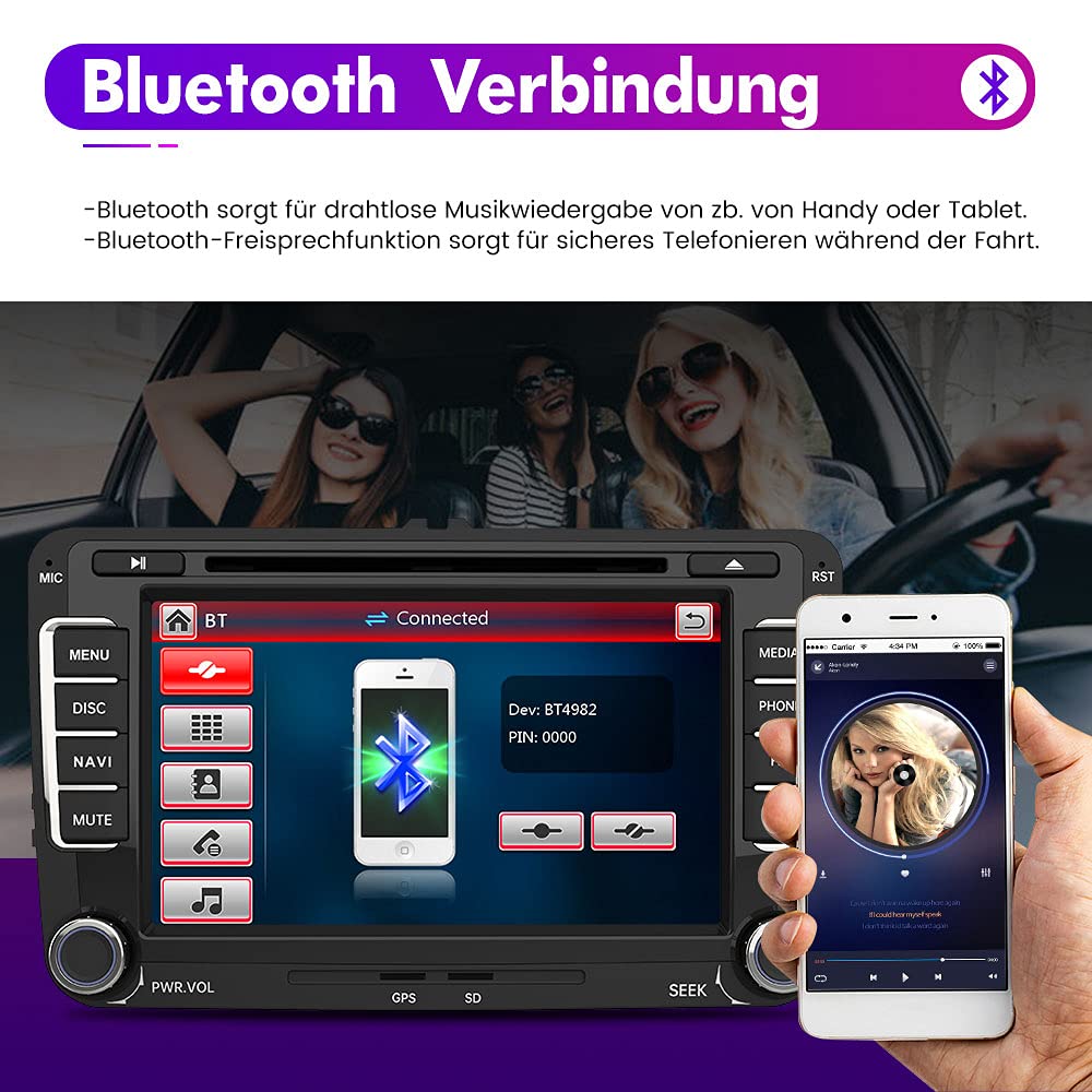 AWESAFE Radio for VW Golf 5 Golf 6, 2DIN car radio with Mirrorlink, 7 inch touchscreen monitor, SD, USB, CD DVD, and Bluetooth.