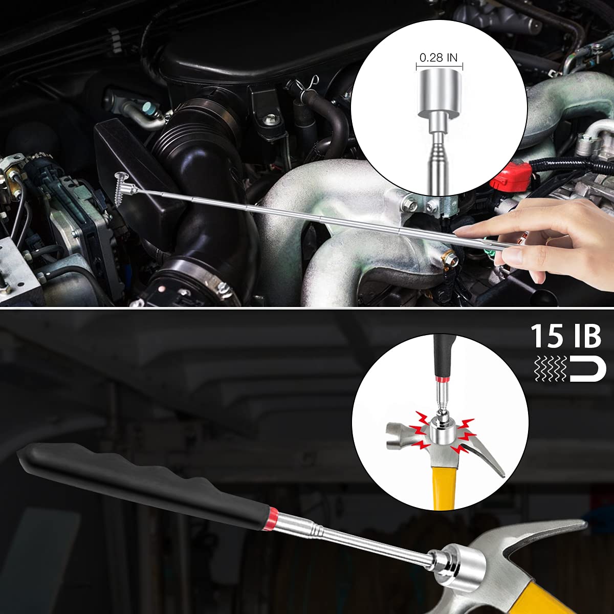 Preciva 5-piece magnetic telescopic retrieval tool set with 15 pound and 1 pound retrieval rods, round and square 360-degree rotating adjustable inspection mirror, and telescoping rod.