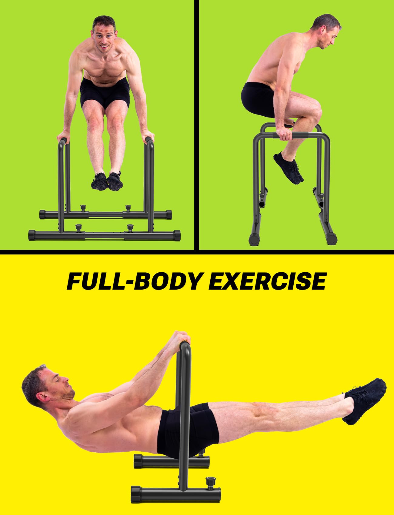 Yoleo Adjustable Dip Bars - 500kg Dip Station, portable, functional, fitness bar with safety lock, sturdy Dip Stand, body press, parallette exercise bar for calisthenics.
