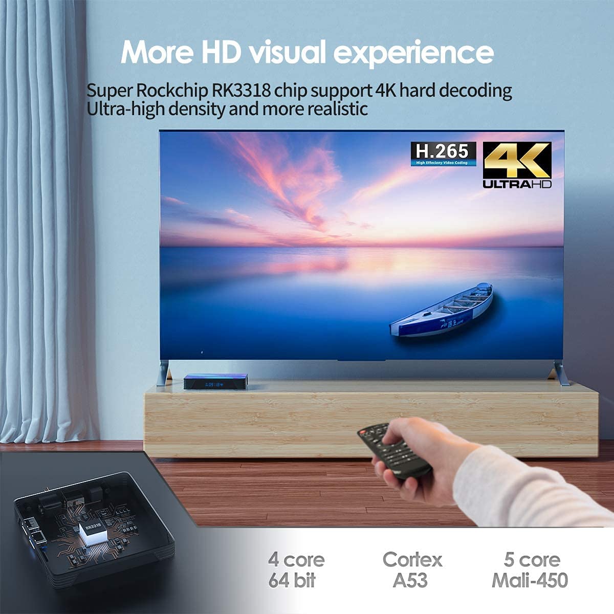 Android 11.0 TV Box, Android Box with 4GB RAM 32GB ROM RK3318 Quad-Core 64bit Cortex-A53 2.4GHz/5GHz WiFi 100M LAN Ethernet 4K UHD Bluetooth 4.0