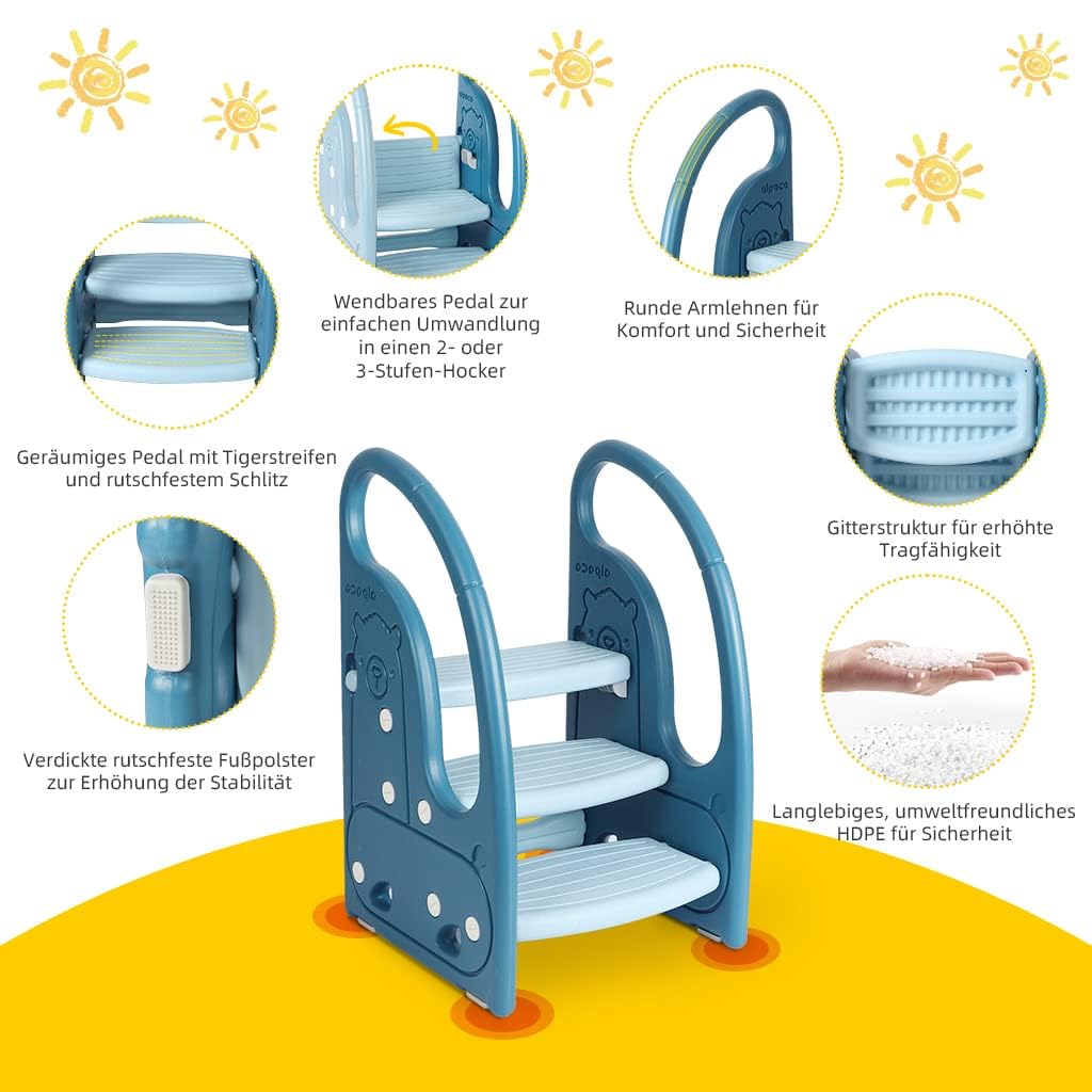 Onasti step stool for kids, Three-step height adjustable toddler stool for baby, Comfortable handrail, Multifunctional, Anti-slip, Suitable for approx. 1.5 to 6 years old - (Blue)