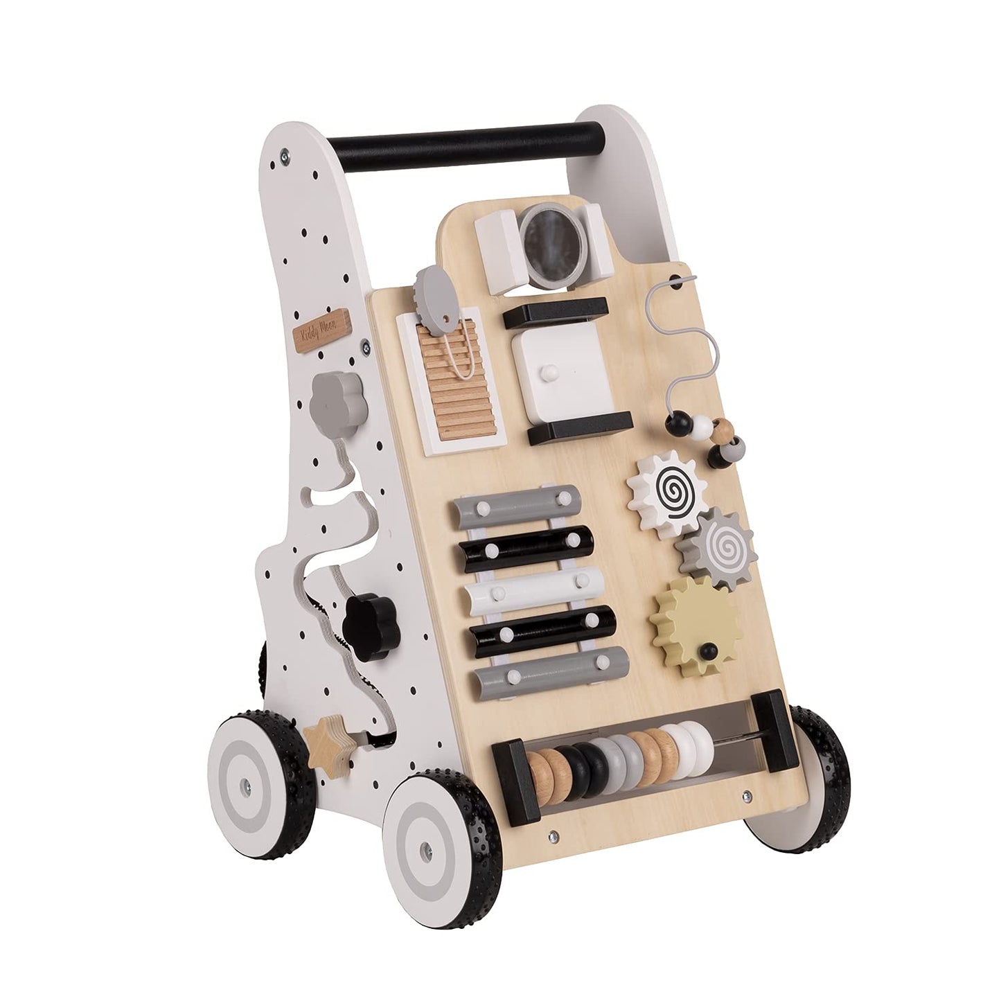KiddyMoon wooden baby walker for kids, walking aid fun for babies, learning to walk, multifunctional wooden toy for toddlers Montessori toy WK-001, black - white.