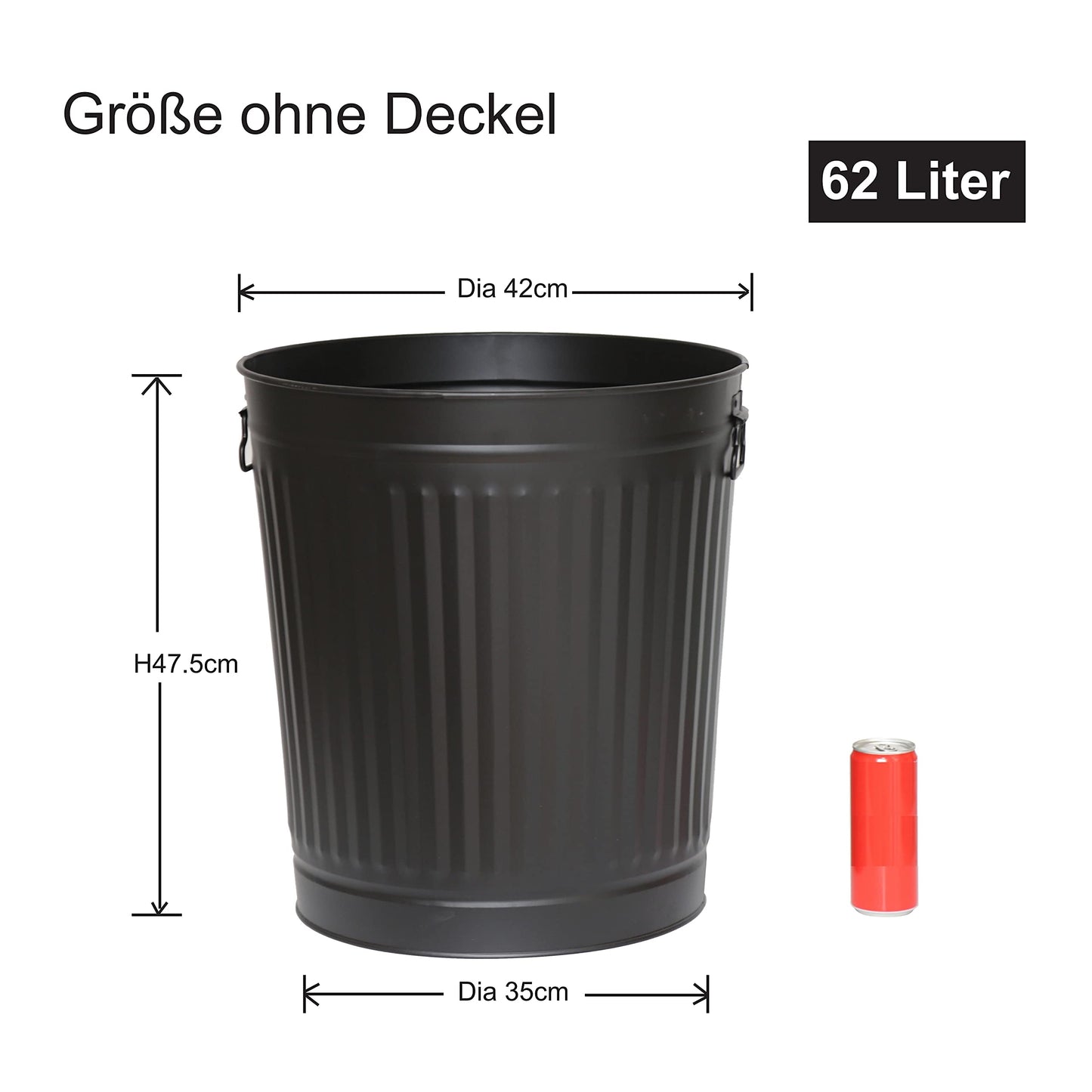 Jinfa Retro Vintage Metal Trash Can Ash Bin | Matte Black | Ø 42 cm | Vol. 62 liters